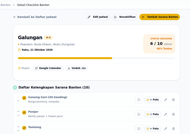 Tampilan Checklist Sarana Banten di Aplikasi MebantenYuk